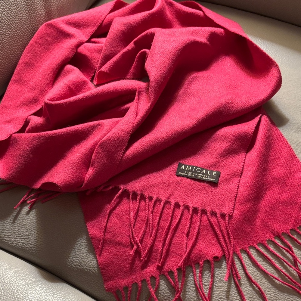 Amicale deep pink red 100% cashmere fringed scarf. 11.5”X62”. Made in China